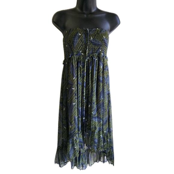 Lapis Women Strapless Sundress L Green Boho Leaf Print High Low Chiffon Festival - Picture 10 of 16